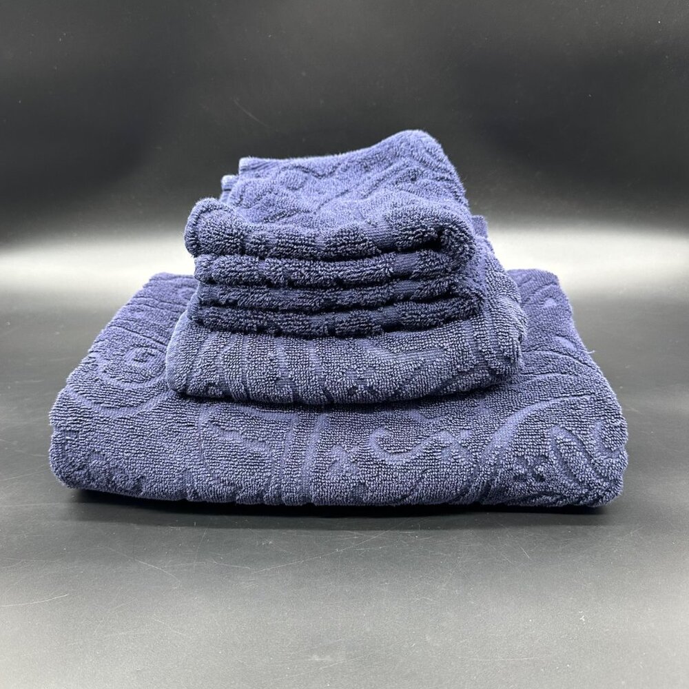 Lauren Ralph Lauren Blue Cotton Towel Set Sculpted Bath Hand Towel 2 Washcloths